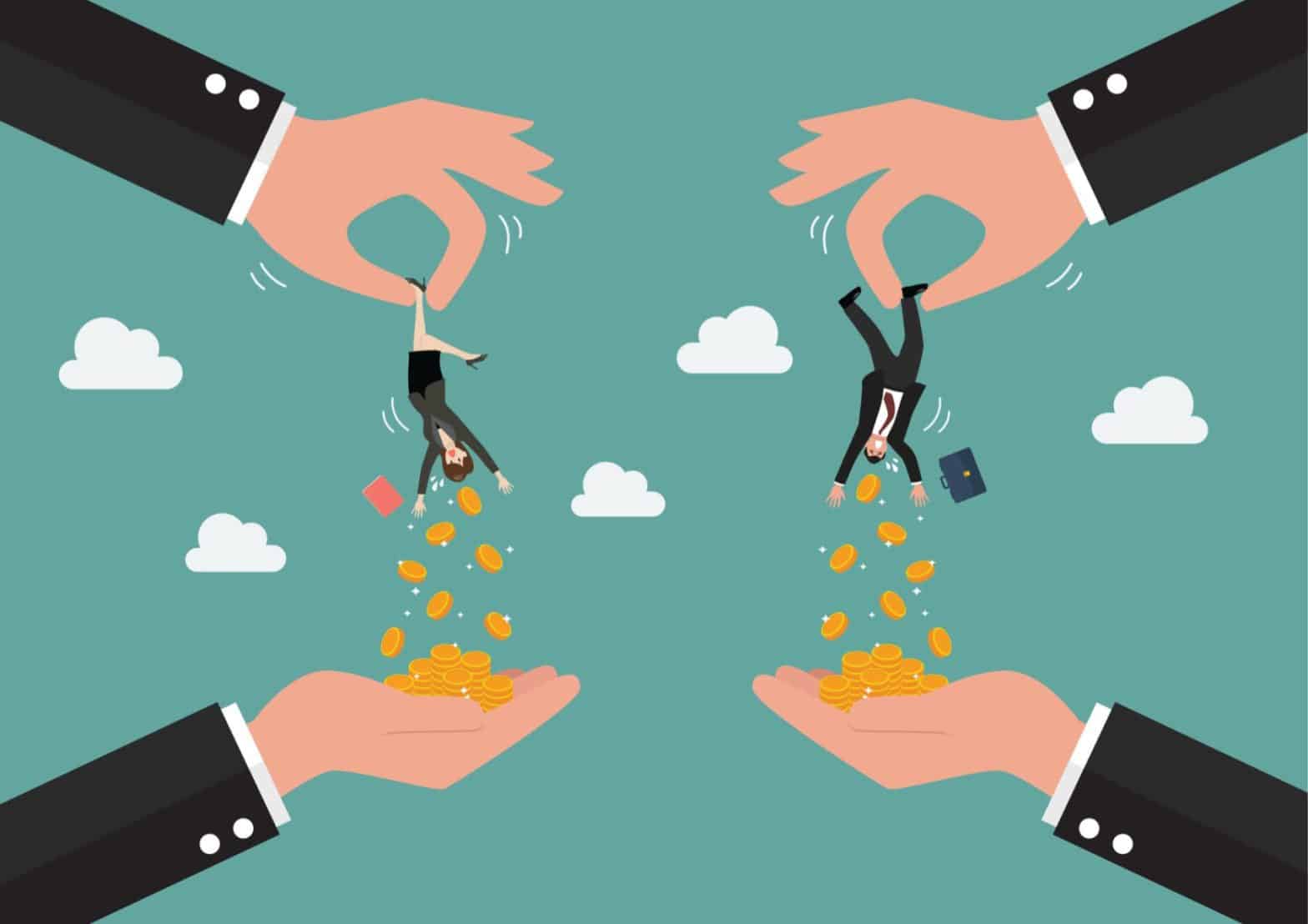 Cartoon like hands holding two people upside down with money falling out of their pockets
